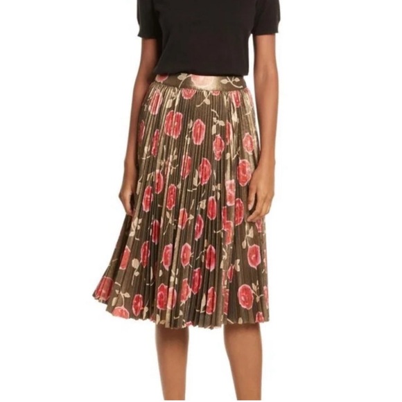 ✨HP✨ Kate Spade metallic gold and pink pleated floral midi skirt size 6 - Picture 1 of 9